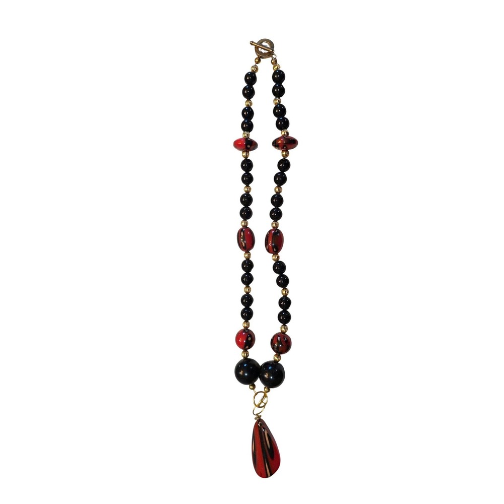 Artisan Red Black Beaded Necklace Striped Teardrop Pendant Gold Tone Clasp